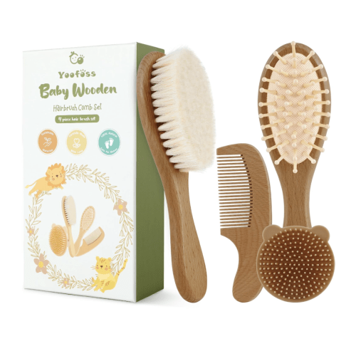 4 Piece Baby Hair Brush and Comb Set - Walnut