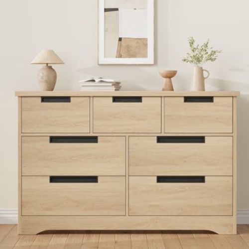 7 Drawer Dresser for Bedroom, Natural Oak Double Dresser Organizer with Embedded Handles, Wooden Chest of Drawers for Living Room Nursery Hallway