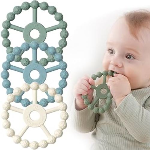 3 Pack Ring Teether Baby Infant Toys, Silicone Teething Ring Toys for 0-6 Months, Seposeve Baby Teethers 6-12 Months 12-24 Months, Easy to Grasp Toy, Teething Relief, Green Blue White