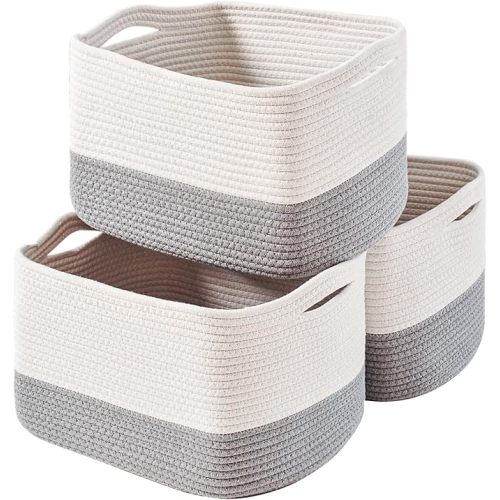 Storage Baskets for Organizing Shelves, Woven Cotton Rope Bins for Baby Nursery Organization, Book Toy Towel Organizer, 15"x11"x9.5", 3 Packs, Off White & Grey