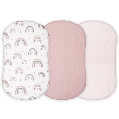 Muslin Bassinet Sheets Compatible with Halo Bassinest Swivel, Flex, Glide, Premiere and Luxe Series Sleeper, Pack 3, 33 X 17 Inch, Ultra Soft and Snug Fit, Unisex Boys Girls, Pink Rainbow