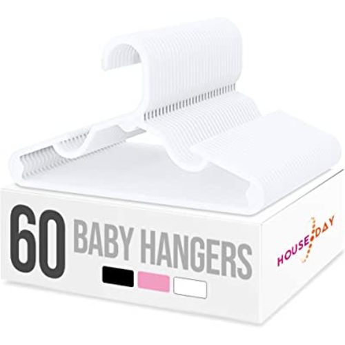 HOUSE DAY Plastic Baby Hangers for Closet 60 Pack, Durable Plastic Kids Hangers for Baby Clothes, Thin & Compact Childrens Hangers, Space Saving White Baby Hangers, Small Hangers for Kids Clothes