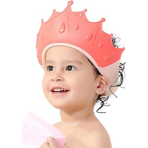 FUNUPUP Baby Shower Cap for Kids, Adjustable Toddler Hair Washing Shield Bathing Cap Baby Shower Visor Shampoo Cap (Crown, Pink)