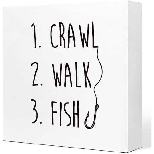 Crawl Walk Fish Rustic Wooden Sign Desk Decor,Funny Baby Fishing Wood Block Sign Desk Decorations for Home Bedroom Baby Room Desk Shelf Table Decor