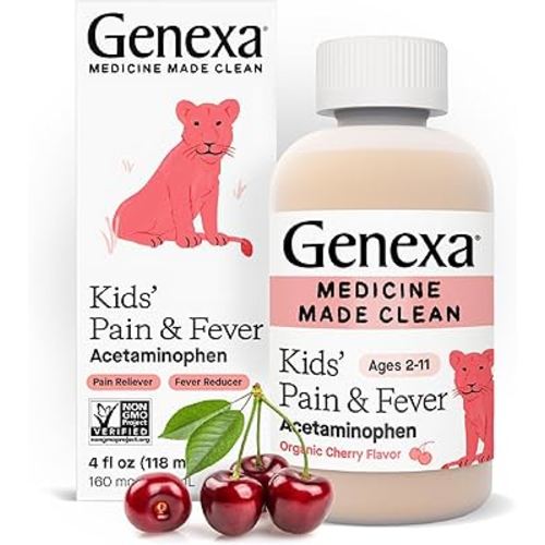 Genexa Kids’ Pain and Fever Reducer | Childrens Acetaminophen, Dye Free, Liquid Oral Suspension Medicine for Kids 2-11 | Delicious Organic Cherry Flavor | 160 mg per 5mL | 4 Fluid Ounces