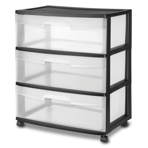 Sterilite Wide 3 Drawer Cart Black - Versatile Plastic Storage Dresser with Rolling Wheels