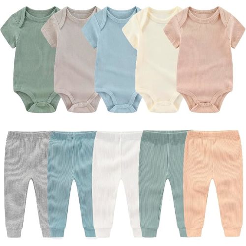 Newborn Baby Layette Gift Set 10-Piece Baby Boy Girl Short Sleeve Bodysuits with Pants Infant Outfit Essentials