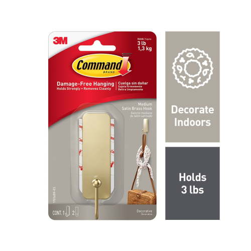 Command Medium Decorative Hooks, Matte Satin Brass, Damage Free Decorating, 1 Hook and 2 Strips