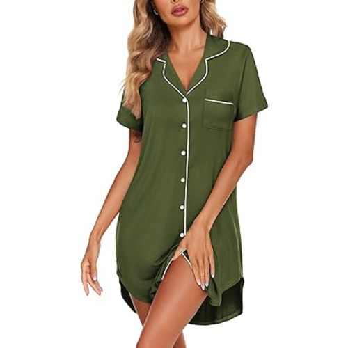 Ekouaer Womens Nightgown Button Down Sleepshirts Short Sleeve Sleepwear Boyfriend Nightshirts Pajama Dress Black M at Amazon Women’s Clothing store