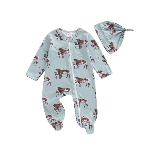 Qtinghua Western Baby Boy Girl Clothes Infant Footies Romper Cow/Horse Long Sleeve Zipper Jumpsuit with Hat Cowboy Outfit