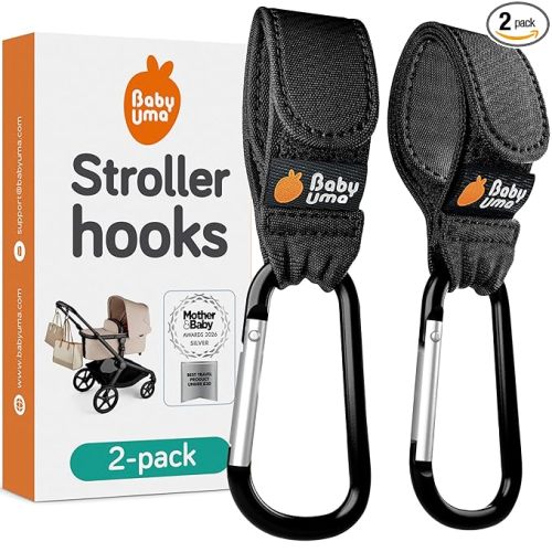 Baby Uma Stroller Hooks for Bags (2 Pack) - Universal Stroller Clips and Hooks, Non-Slip with One-Hand Opening, 11 lb Weight Capacity, Baby Travel Essential