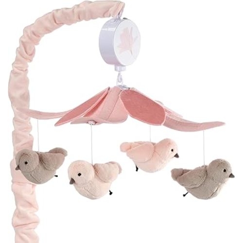 Lambs & Ivy Petals Pink/Gray Birds Musical Baby Crib Mobile Soother Toy