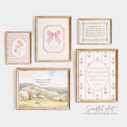 Pink Christian Wall Art Girls Room Decor Set of 5 Vintage Floral Bible Verses, Cute Cottagecore Art, Scripture Gallery Digital Download