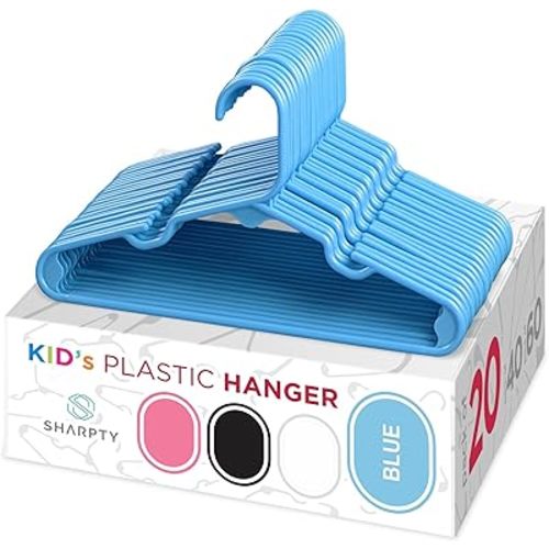 Sharpty Kids Plastic Hangers, Children's Hangers for Baby, Toddler, and Child Clothes - Everyday Standard Use - Ideal for Boys and Girls Closet, Clothing, Pants, Coats, and More - Blue, 20 Pack