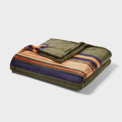 Full/Queen Microplush Blanket Green Border Stripe - Threshold™