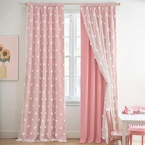 Alsoo Pink Blackout Curtains for Girls Bedroom Double Layer Cute Nursery Curtains 96 inch Length Room Darkening with Sheer White Pom Pom Rod Pocket Magnetic Tiebacks Set of 2 Panels W52 x L96