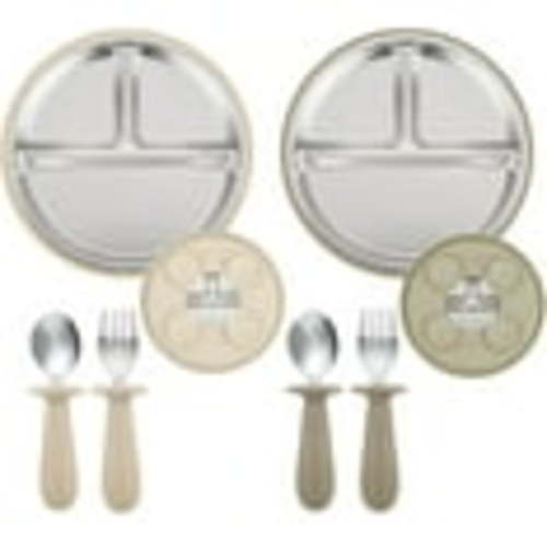 2 Pack Stainless Steel Baby Suction Plates & 2 Pack Spoons and Forks Set, Toddler Utensils Baby Feeding Set, Divided Plates for Baby Led Weaning Supplies, BPA-Free