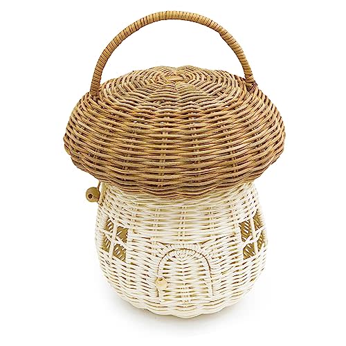 KOLWOVEN Mushroom Rattan Storage Basket with Lid - Mouse in a Box House- Small Doll house- Decorative Hand Woven Shelf Organizer Cute Handmade Handcrafted Gift Decoration Artwork Wicker (Natural)