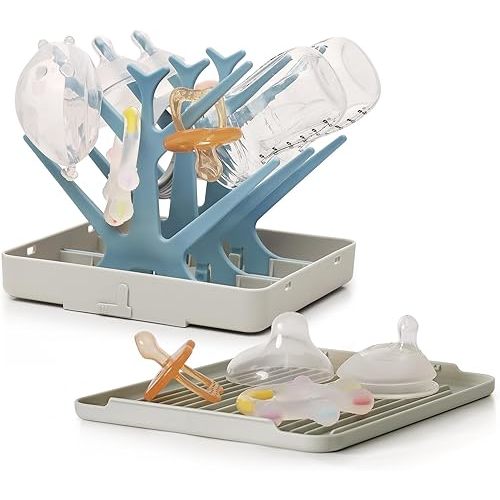 haakaa Portable Baby Bottle Drying Rack with Tray,Foldable Space Saving Bottle Drying Tree for Bottles/Pump Parts/Pacifiers,Easy-Store Dryer Rack Great for Travel & Home, BPA Free (Sky Blue)