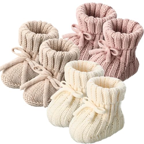 Evervibe 3 Pairs Knitted Baby Booties 0-6 Months Newborn Baby Shoes First Walkers Cozy Shoes for Infant Boy Girl