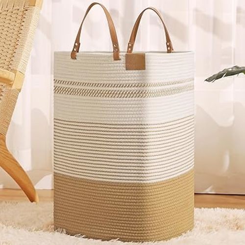 danpinera Large Laundry Hamper – 75L Tall Woven Cotton Storage Basket with Leather Handles, Slim Dirty Clothes Hamper, Decorative Storage Basket for Blanket,Toys White & Jute