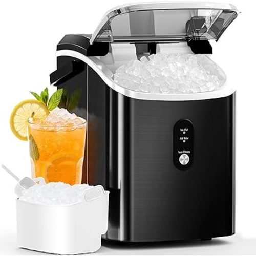 Antarctic Star Nugget Ice Maker Countertop with Soft Chewable Ice, Portable Sonic Ice Maker with Basket and Scoop, Removable Top Cover, Auto-Cleaning for Home/Party/RV/Camping (Stainless Steel Black)