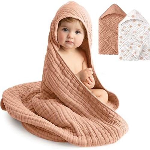 Baby Bath Towels, 100% Muslin Cotton Hooded Baby Towels for Newborn, 2 Pack Baby Towels with Hood for Infant Toddler and Kids, Large 32x32Inch Bath Essentials, Soft and Absorbent Orange Rainbow