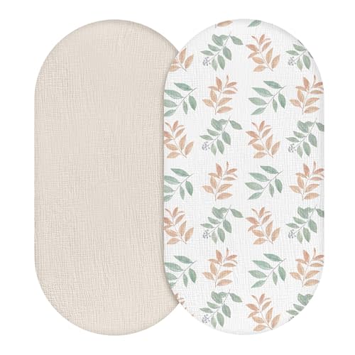 Muslin Bassinet Fitted Sheets, 2 Pack for Baby Boy and Girl, Soft Breathable Stretchy Baby Pad/Mattress Sheet Set, Universal Fit for Hourglass Oval and Rectangle Bassinet Mattress (Bright Leaves)