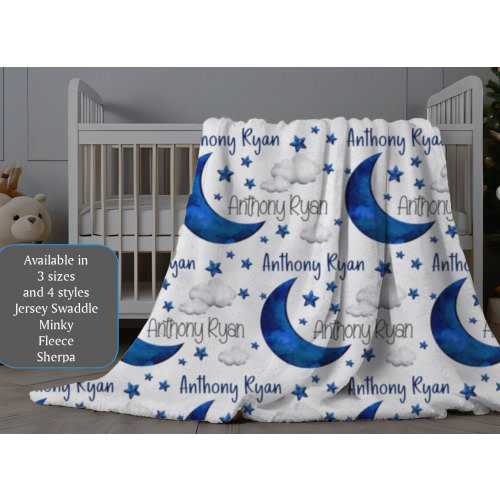 Navy Moon and Stars Blanket, Personalized Baby Name Blanket, Custom Minky Blanket, Baby Boy Name Blanket