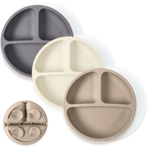 WeeSprout Suction Plates for Babies & Toddlers 100% Silicone Divided Design - With Lids, 3 Pack (Matte Dark Grey, Off White & Tan)