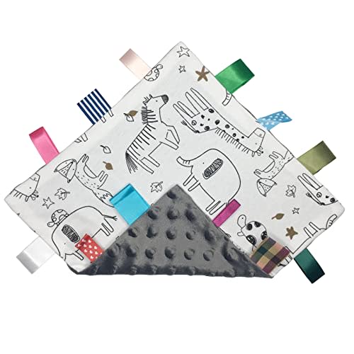 Minky Fabric Baby Security Blanket - Super Soft Sensory Comfort Towel Lovey - Elephant Giraffe Pattern, Great for Newborn to Toddler - 9 x 9 inches