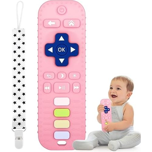 Fu Store Silicone Teething Toys for 0-12 Months 3-24 Months Infant Toddlers Remote Control Shape Teethers for Babies Chew Toys Relief Soothe Babies Gums Set Dishwasher and Refrigerator Safe Pink