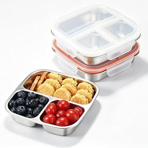 2 Pack Stainless Steel Snack Containers for Kids, 3 Compartments Reusable on and go Bento Box with Lids, Lunch Box Pre Meal Storage for School Office Outdoor Camping Travel - White & Orange