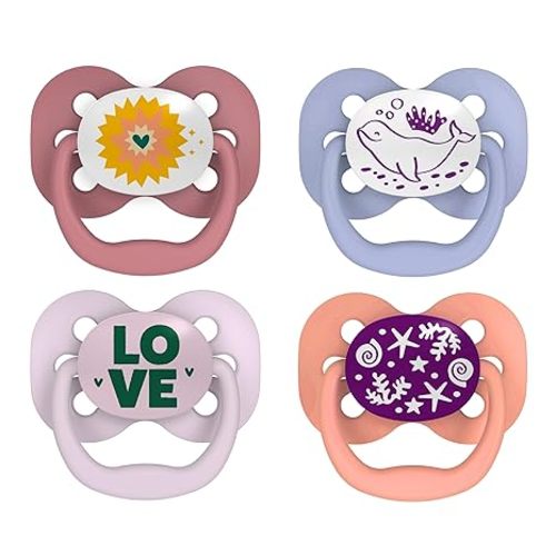 Dr. Brown's Advantage Glow-in-The-Dark Baby Pacifier, Fully Symmetrical Soother with Soft Silicone Bulb, Lavender Love-Coral Ocean, 0-6m, BPA Free, 4 Pack