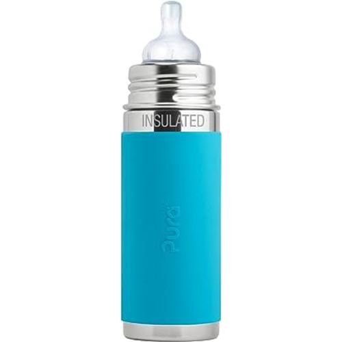 Pura Kiki 9oz/260ml Stainless Steel Insulated Anti-Colic Infant Bottle w/Silicone Medium-Flow Nipple & Sleeve, 100% Plastic-Free, MadeSafe Certified, for Kids, Toddlers, Babies & Infant - Aqua