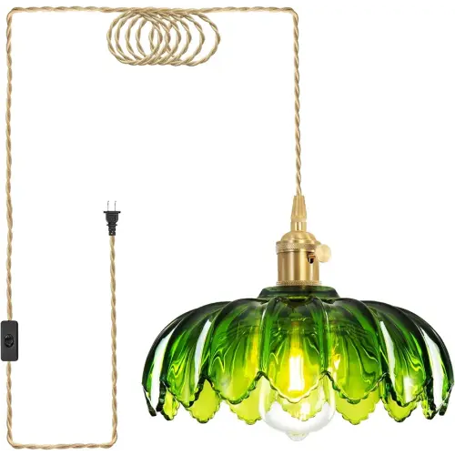 Plug in Pendant Light, Hanging Lights with Plug in Cord, Hanging Light Fixture with Green Glass, E26 Pendant Lighting for Kitchen Island, Bedroom, Dining Room, Living Room