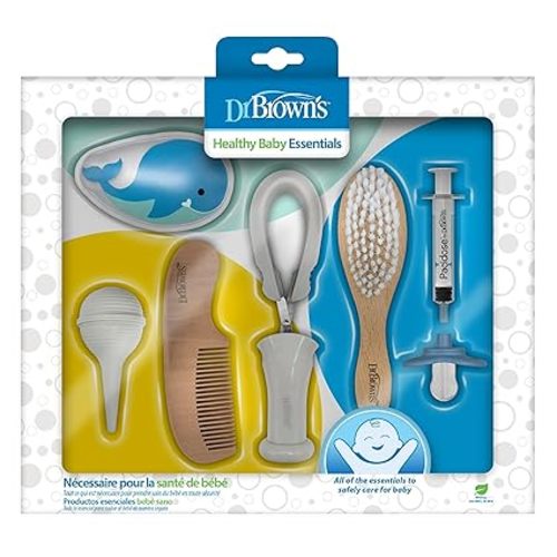 Dr. Brown's Healthy Baby Essentials Kit, Pacidose Medicine Dispenser, Nail Scissors with Case, Nasal Aspirator, Cradle Cap Brush Plus Comb, Cold Compress