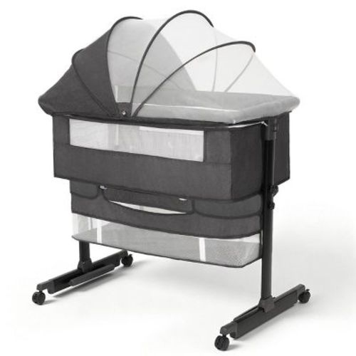Baby Bassinet Bedside Crib with Adjustable Height, Breathable Mesh Sides, Wheels and Storage Basket,Grey