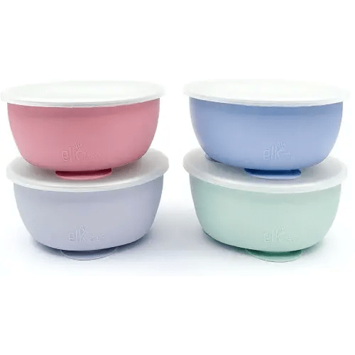 Elk and Friends Stainless Steel Bowls with Silicone Sleeve for Babies & Toddlers | Lids Included | Stay Put Suction | Cereal & Snack Bowls | 3 Pack