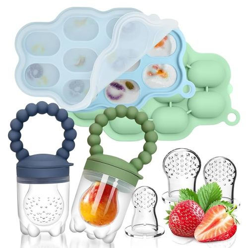 Silicone Baby Fruit Food Feeder, 2 Pack Freezer Tray with lid for Batch Prep,Introduce New Foods, Breastmilk Popsicle Molds, Silicone Teething Toys, Includes 6 Extra Food Pacifier - Steel Blue and Olive Green