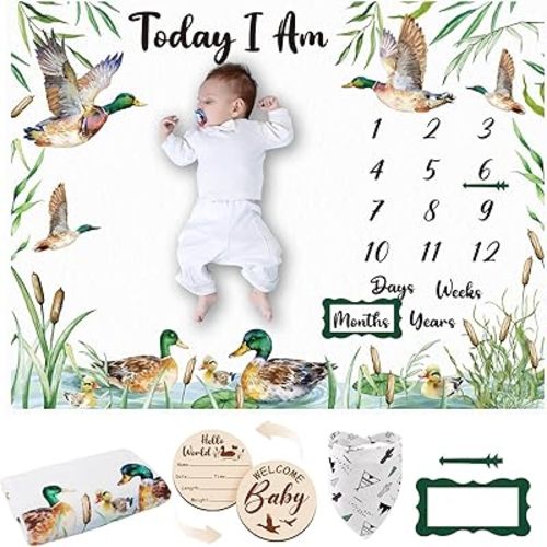 Mallard Duck Monthly Milestone Blanket for Baby Boy Flannel Newborn Infant Swaddle Growth Chart Photography Background with Baby Birth Signs, Felt Frames, Bibs