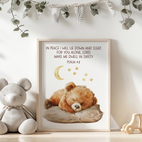 In Peace I Will Lie Down and Sleep, Psalm 4:8, Bible verse art, Scripture print, Bear nursery, Kids Bible Verse art, Above Bed Nursery Decor