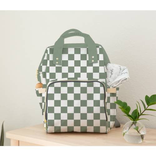 Diaper Bag Backpack in Sage Check, Neutral Backpack Diaper Bag, Sage Green Checker Diaper Bag, Baby Shower Gift, Custom Name Diaper Bag