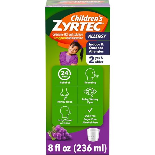 Children's Zyrtec 24 Hour Allergy Relief Syrup, 5 mg Cetirizine Hydrochloride Antihistamine, Kids Allergy Medicine for Indoor & Outdoor Allergy Relief, Dye- & Sugar-Free, Grape, 8 fl. oz