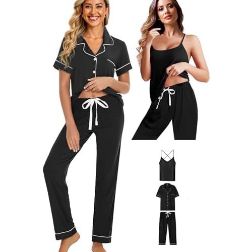 Womens 3Pcs Soft Pajama Sets Sexy Camisole Lingerie XS-4XL Knit Pajamas Set Sleepwear Pjs Nightwear Lounge Sets