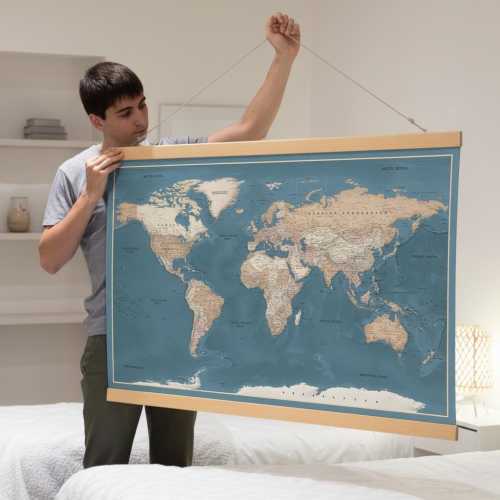 Large World Map Canvas - Personalized Travel Map Poster + Wooden Hangers - Classic Pull Down Globe.