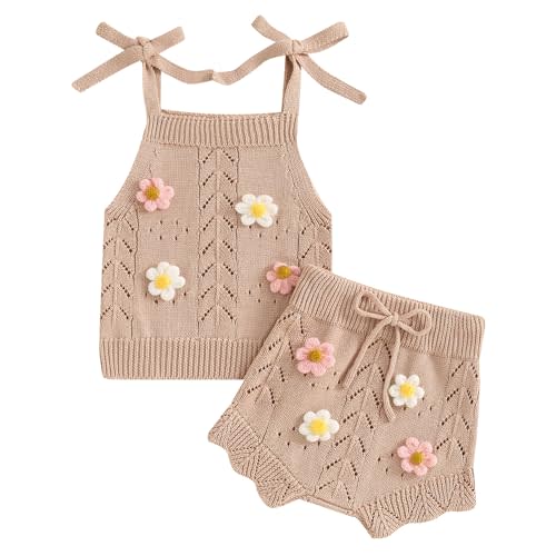 Doisbetthsay Toddler Girl Fall Outfits Knit Baby Clothes Tie-up Camisole With Elastic Waist Shorts 2 Pcs Clothing Set