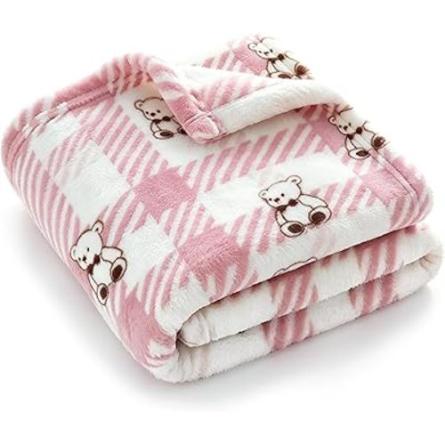 BORITAR Baby Blanket for Girls with Plaid and Bear Pattern, Ultra Soft Warm and Fleece Flannel Blankets for Toddler Newborn Infant and Crib Stroller, 30 x 40 Inch, Pink