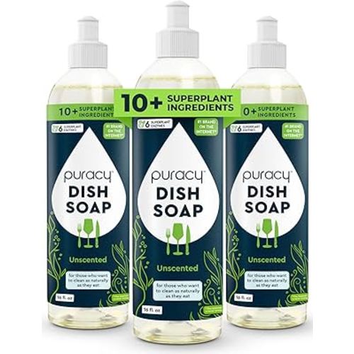 Puracy Natural Dish Soap - Unscented Skin-Softening Plant-Based Dishwashing Soap, Non-Toxic Dish Soap, Fragance Free Organic Liquid Dishwashing Detergent Soap (Unscented, 16 fl oz, 3 Pack)