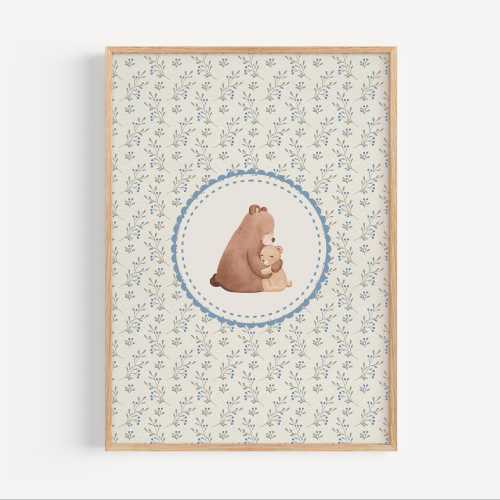Vintage Mama Bear and Baby Bear Nursery Print, Sweet Floral Nursery Decor, Boys Room Art, Nursery Wall Art Boy, Baby Animal Prints